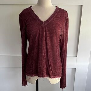 Elan Maroon V-Neck Long Sleeve Linen Top